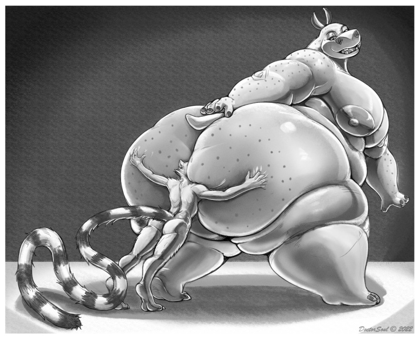2022 alucarda_(cherylthehunter72) anthro big_breasts big_butt black_and_white breasts butt chubby_female dreamworks duo face_in_ass female gloria_the_hippopotamus hand_on_butt hippopotamid huge_butt long_tail looking_back madagascar_(series) male male/female mammal monochrome open_mouth overweight overweight_female procyonid raccoon shaded shadow signature simple_background sketch soulman1