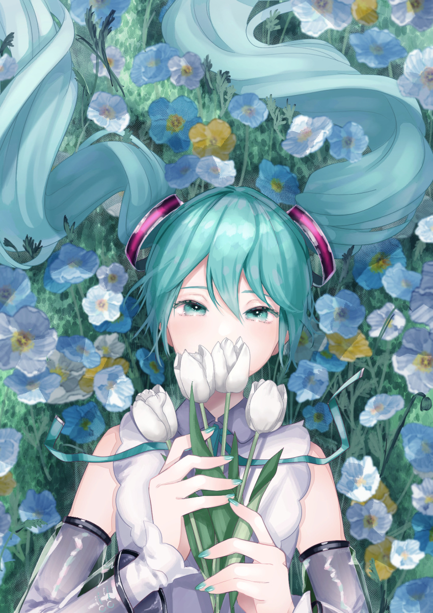 1girl arime_hotaru bangs blue_eyes blue_hair collared_shirt commentary covering_mouth detached_sleeves field flower flower_field hair_ornament hatsune_miku hatsune_miku_(nt) highres holding holding_flower layered_sleeves long_hair lying nail_polish neck_ribbon on_back piapro ribbon see-through see-through_sleeves shirt sleeveless sleeveless_shirt solo tulip vocaloid white_flower white_tulip