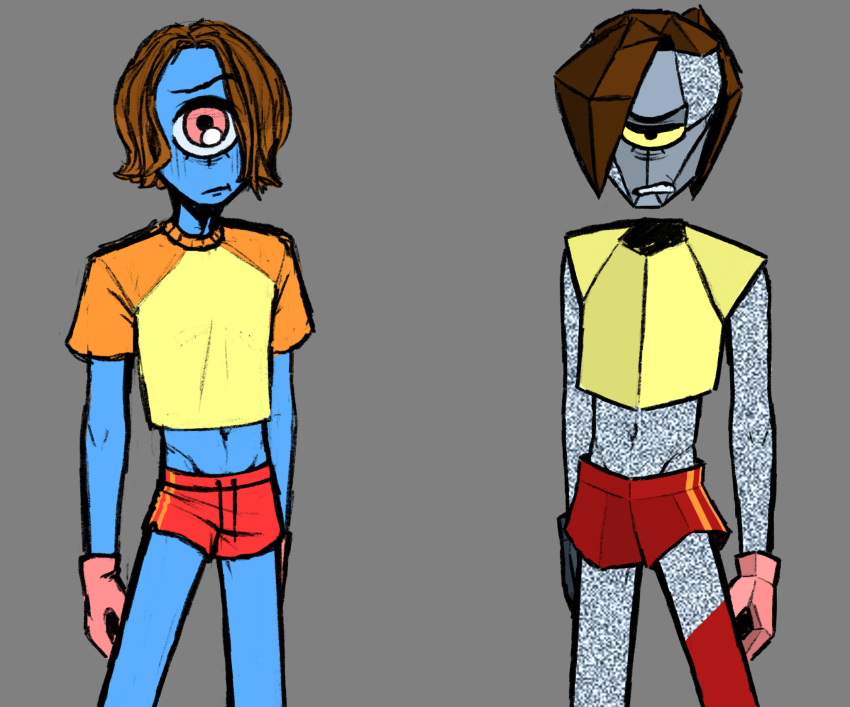 blue_body blue_skin bottomwear brown_hair cartoon_network clothing crop_top cyclops dreamscreep duo gloves grey_body grey_skin hair handwear hi_res hotpants humanoid looking_at_viewer male navel not_furry pink_eyes ponytail portrait rob_(the_amazing_world_of_gumball) shirt shorts slim small_waist the_amazing_world_of_gumball three-quarter_portrait topwear yellow_sclera