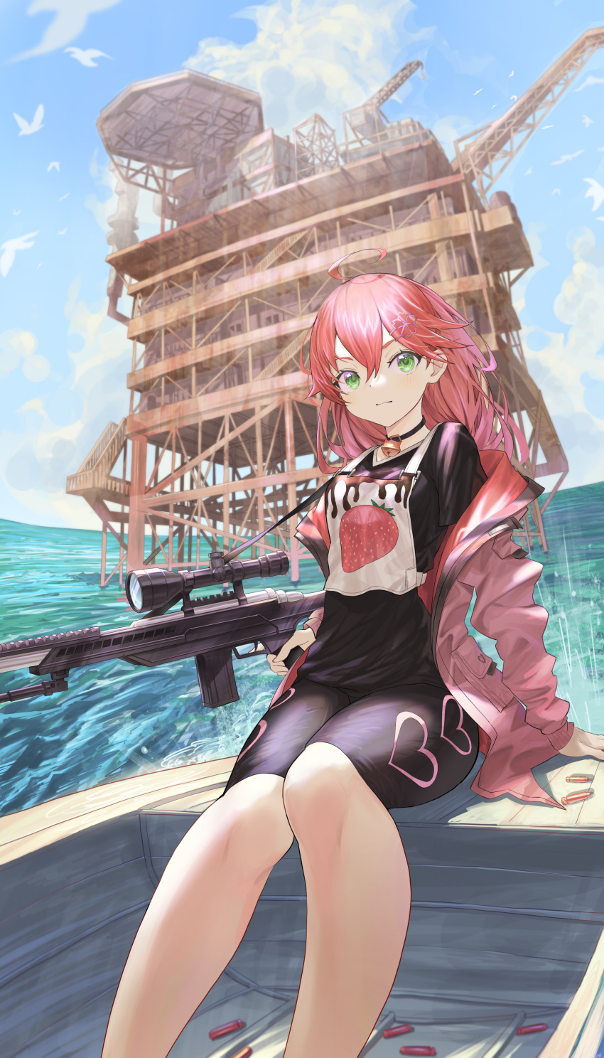 1girl absurdres ahoge atatatatame01 bangs bell black_choker black_shirt black_shorts boat choker closed_mouth day flower green_eyes gun hair_between_eyes hair_flower hair_ornament highres holding holding_gun holding_weapon hololive jacket long_sleeves looking_at_viewer neck_bell ocean oil_rig open_clothes open_jacket outdoors pink_hair pink_jacket rifle sakura_miko shirt shorts sitting solo virtual_youtuber watercraft weapon