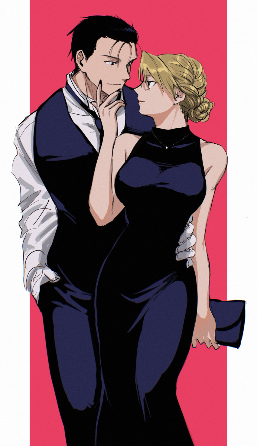 1boy 1girl absurdres bag bare_shoulders black_dress black_hair black_nails black_necktie blonde_hair braid braided_bun breasts brown_eyes closed_mouth couple dress dress_pants dress_shirt ear_piercing evening_gown facing_viewer fullmetal_alchemist hair_bun hand_on_another's_waist hetero highres holding holding_bag jewelry large_breasts looking_at_another necklace necktie ozaki_(tsukiko3) piercing pillarboxed riza_hawkeye roy_mustang shirt short_hair sleeveless sleeveless_dress very_short_hair vest women's_wallet