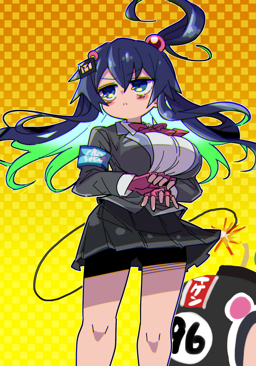 1girl :&lt; armband bangs black_bomberman black_skirt blue_eyes bombergirl bomberman bow bowtie breasts character_hair_ornament closed_mouth collared_shirt fingerless_gloves floating_hair fuse fuse_tail gloves gradient gradient_background grey_jacket hair_between_eyes hair_ornament highres jacket kuro_(bombergirl) large_breasts lit_fuse long_hair long_sleeves miniskirt one_side_up outline pink_bow pink_bowtie pink_gloves pleated_skirt purple_hair sasaki_rindou shirt skirt solo_focus tail v-shaped_eyebrows white_outline white_shirt