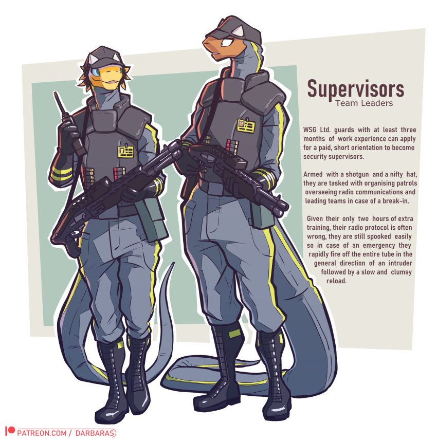 2022 ambiguous_gender anthro boots clothed clothing colored darbaras duo english_text footwear gloves gun handwear hat headgear headwear hi_res holding_gun holding_object holding_weapon lizard looking_at_another male patreon ranged_weapon reptile scalie shotgun text url weapon