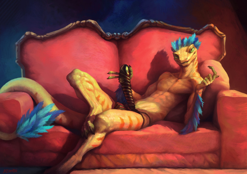 anthro biped chastity_cage chastity_device claws feathered_snake feathered_tail feathers furniture genitals hi_res klongi looking_at_viewer male penis reptile scaled_body scales scalie snake sofa solo