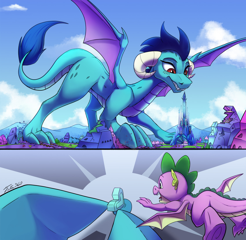 2022 blue_body city cloud crystal_empire crystal_heart destruction digital_media_(artwork) dragon female feral friendship_is_magic hasbro hi_res larger_female macro male my_little_pony princess_ember_(mlp) purple_body signature size_difference sky smaller_male spike_(mlp) tsitra360