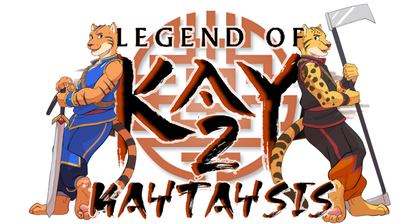 2022 alpha_channel anthro blade_arm duo felid feline invalid_tag kay legend_of_kay leopardus male male/male mammal martial_arts martial_arts_uniform melee_weapon negger ocelot pantherine polearm scythe sportswear stomperyoshi sword tay tiger weapon