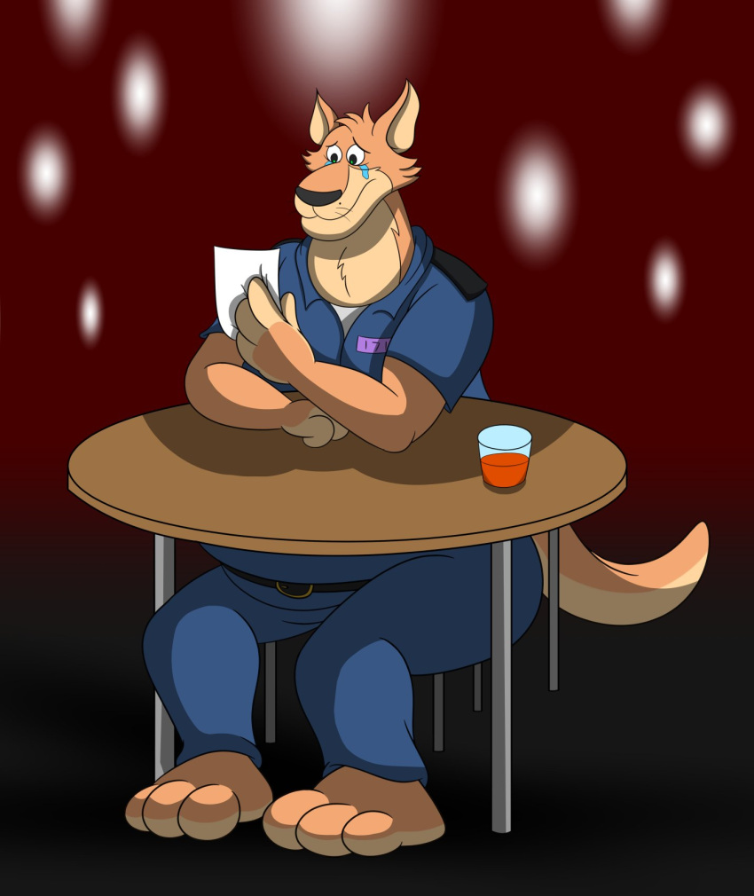 2021 3_toes 4_fingers anthro bodily_fluids bottomwear brok_the_investigator clothing coyocislav crying feet fingers hi_res kangaroo macropod male mammal marsupial overweight overweight_male pants sad shirt sin_(brok_the_investigator) sitting solo tears toes topwear video_games