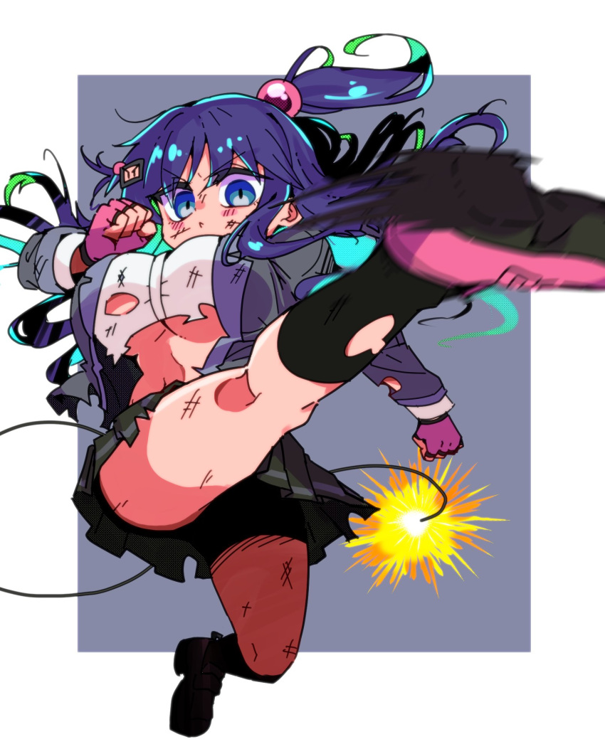 1girl :&lt; bangs black_bomberman black_skirt black_socks blue_eyes bombergirl bomberman breasts character_hair_ornament clenched_hands closed_mouth fingerless_gloves fuse fuse_tail gloves grey_jacket hair_ornament highres jacket kicking kneehighs kuro_(bombergirl) large_breasts lit_fuse loafers long_hair long_sleeves miniskirt motion_blur one_side_up open_clothes open_jacket pink_footwear pink_gloves pleated_skirt purple_hair sasaki_rindou shirt shoes single_horizontal_stripe skirt socks solo tail torn_clothes torn_jacket torn_legwear torn_shirt underboob v-shaped_eyebrows white_shirt