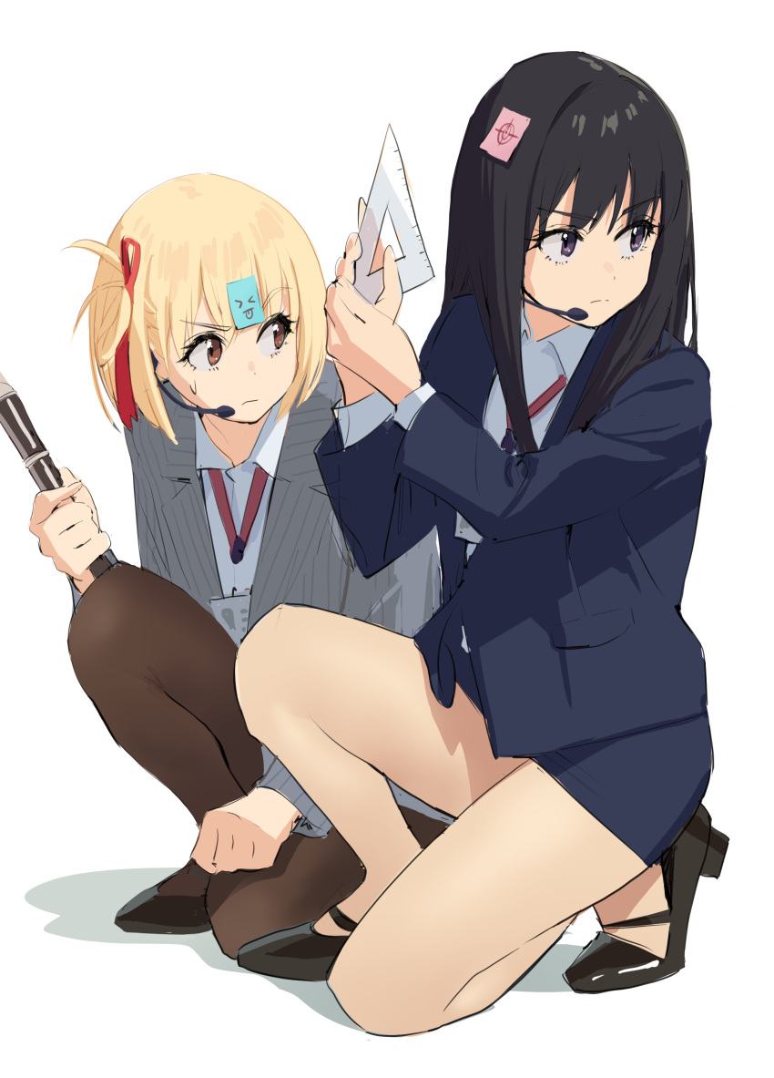 2girls absurdres alternate_costume bangs black_footwear blonde_hair blue_jacket blue_skirt bob_cut brown_pantyhose clenched_hands commentary dress_shirt english_commentary formal grey_jacket hair_ribbon headset high_heels highres id_card inoue_takina instrument jacket lanyard looking_away looking_to_the_side lycoris_recoil microphone multiple_girls nishikigi_chisato office_lady one_knee pantyhose pencil_skirt pumps recorder red_ribbon ribbon set_square shirt short_hair simple_background sketch skirt skirt_suit some1else45 sticky_note strappy_heels striped striped_jacket suit thighs white_background white_hair white_shirt