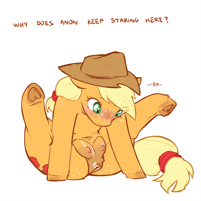 absurd_res anatomically_correct anatomically_correct_genitalia anatomically_correct_pussy animal_genitalia animal_pussy applejack_(mlp) blonde_hair clothing cold-blooded-twilight color_edit colored cowboy_hat cutie_mark dialogue digital_media_(artwork) earth_pony edit equid equine equine_pussy eyelashes female feral fetlocks freckles friendship_is_magic genitals green_eyes hair hasbro hat headgear headwear hi_res hooves horse looking_down mammal my_little_pony nipples orange_body pegajace pony pussy shoulder_freckles simple_background solo spread_legs spreading teats underhoof white_background yellow_tail