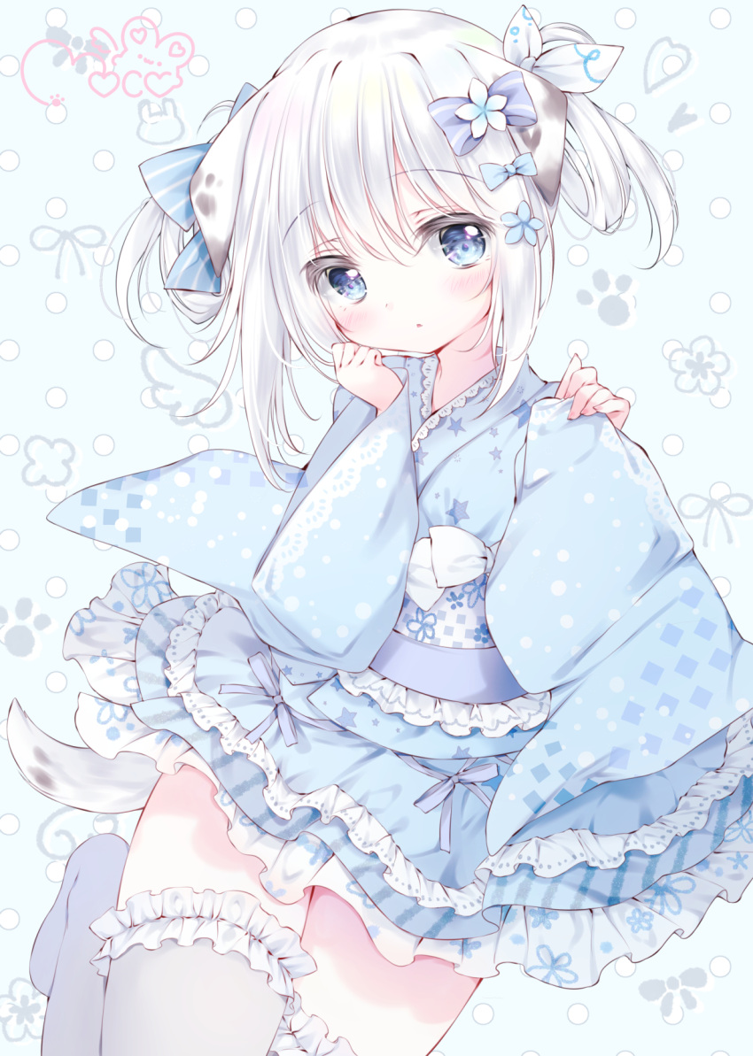 1girl animal_ears blue_eyes blue_theme bow colored_skin dress floral_background floral_print flower frilled_dress frills hair_bow hair_flower hair_ornament hair_rings highres japanese_clothes kimono lace_trim long_hair long_sleeves moco_ofuton original pale_color pale_skin paw_print polka_dot polka_dot_background ribbon signature star_(symbol) star_print tail thighhighs thighs white_hair white_skin wide_sleeves