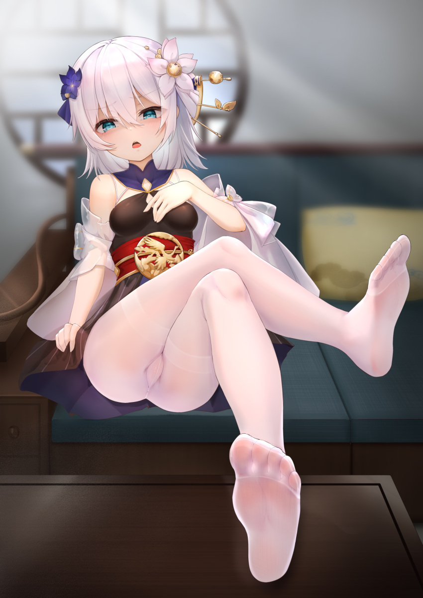 1girl absurdres bangs bare_shoulders blue_eyes blue_flower blurry blurry_background chinese_clothes couch crossed_legs cushion flower full_body hair_flower hair_ornament highres honkai_(series) honkai_impact_3rd indoors long_hair looking_at_viewer no_shoes open_mouth pantyhose shaded_face sitting soles solo theresa_apocalypse theresa_apocalypse_(starlit_astrologos) toes white_flower white_hair white_pantyhose window xiaomu314 zhuge_kongming_(honkai_impact)