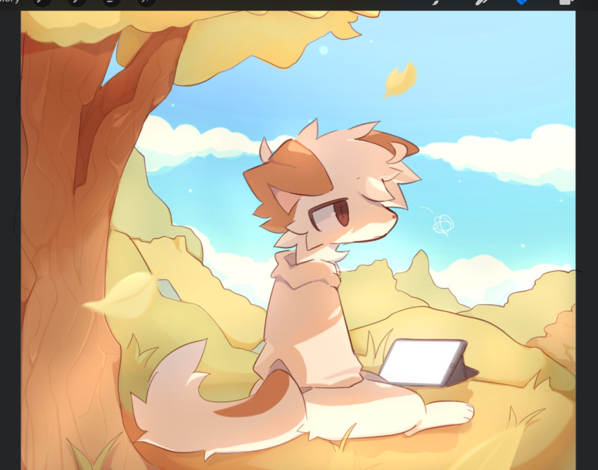 animal_ears blue_sky bored brown_jacket brush cloud cloudy_sky dog dog_ears dog_tail forest furry furry_male goobyart highres jacket leaf nature original sitting sky tablet_pc tail tree