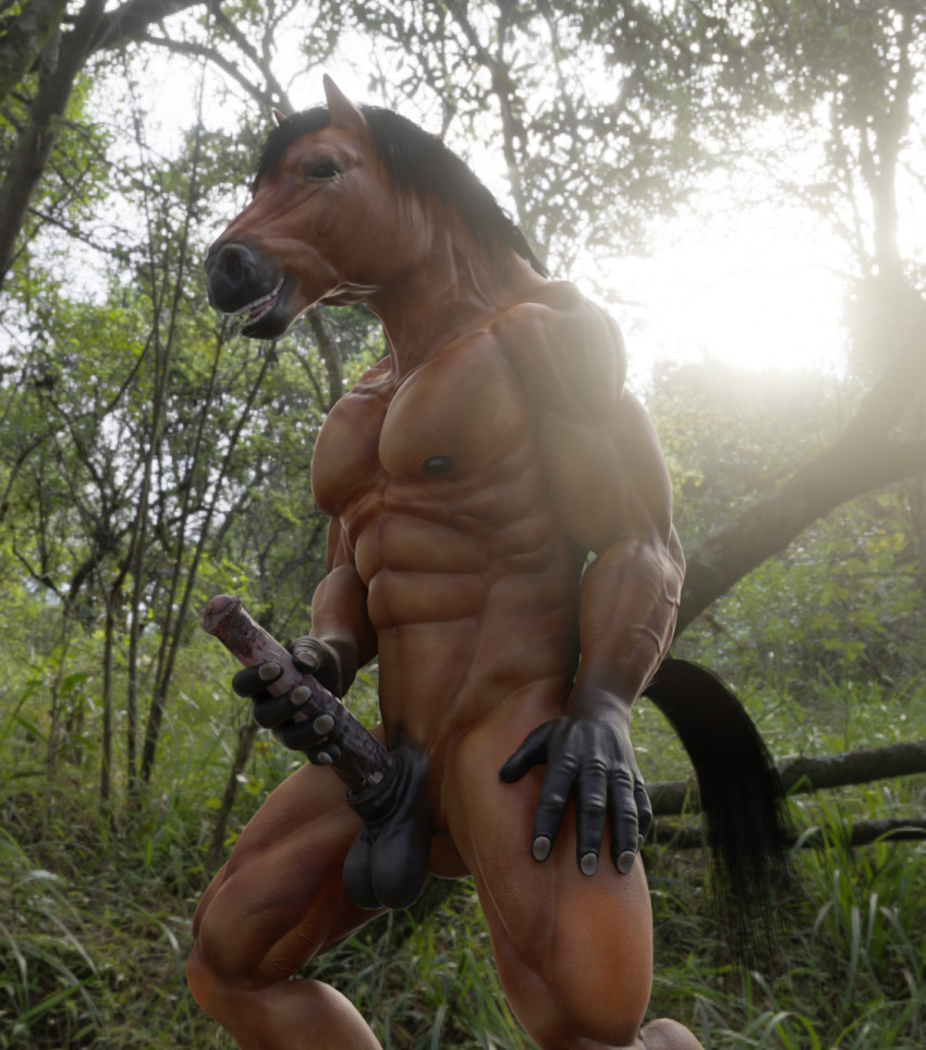 2022 5_fingers abs anthro balls biceps big_penis black_balls black_body black_eyes black_nipples black_nose black_penis black_skin black_tail blackane brown_body brown_fur day digital_media_(artwork) equid equine erection fingers foreest forest forest_background fur genitals grass hand_on_penis hi_res horse male mammal mane masturbation multicolored_penis muscular muscular_male nature nature_background nipples open_mouth pecs penile penile_masturbation penis pink_penis pinup plant pose smile solo standing sun tailsup4tyranno tree triceps two_tone_penis