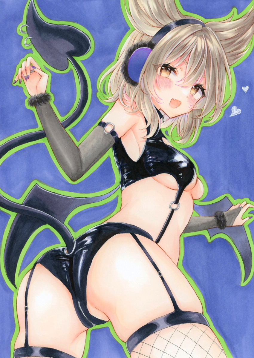 1girl :d ass breasts demon_tail earmuffs fang fishnets garter_belt garter_straps hair_between_eyes highres medium_breasts nail_polish natsume_nadeshiko open_mouth revealing_clothes skin_fang smile solo tail touhou toyosatomimi_no_miko traditional_media twisted_torso underboob