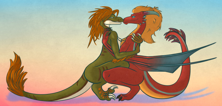 absurd_res anthro avian bird blonde_hair blue_body boop claws crouching cuddling dinosaur dragon duo eye_contact eztli_(user_55) female female/female green_body hair hi_res horn kaputotter kissing looking_at_another melody_(user_55) narrowed_eyes pinup pose raised_tail red_body red_hair reptile scalie simple_background smooch snout tail_motion tailwag tan_body western_dragon wyvern yellow_body