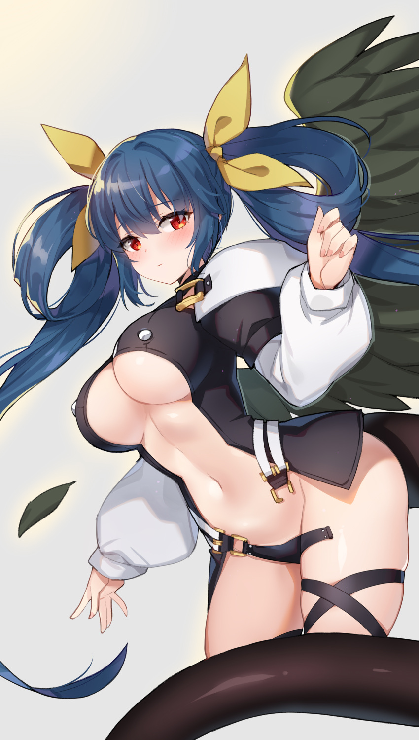 1girl absurdres black_coat black_panties blue_hair breasts coat dizzy_(guilty_gear) feathered_wings guilty_gear guilty_gear_x guilty_gear_xx hair_ribbon highres large_breasts long_hair long_sleeves looking_at_viewer navel no_bra open_clothes open_coat panties puffy_sleeves red_eyes revealing_clothes ribbon serin199 side-tie_panties skindentation solo stomach tail thigh_strap thighs twintails underboob underwear untied untied_panties very_long_hair wings
