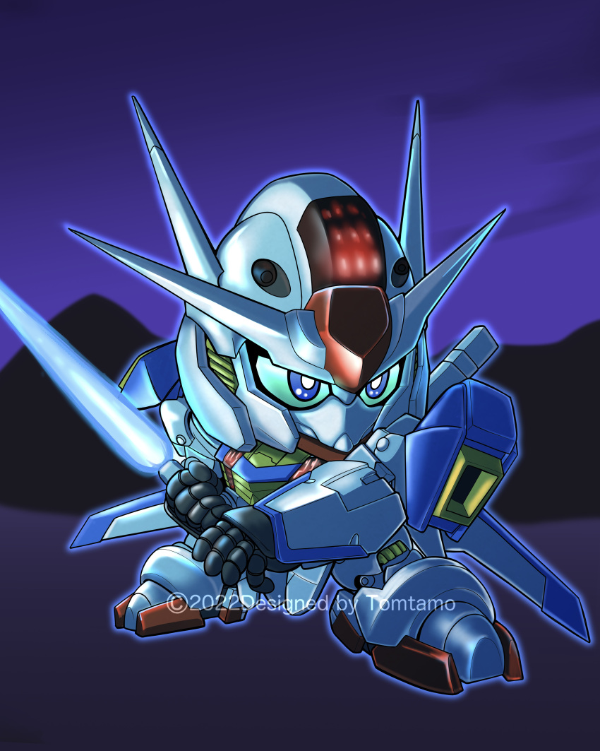 absurdres beam_saber blue_eyes chibi colored_sclera commentary energy_sword english_text green_sclera gundam gundam_aerial gundam_suisei_no_majo highres holding holding_sword holding_weapon mecha mobile_suit no_humans robot sd_gundam solo sword tomutamo v-fin watermark weapon