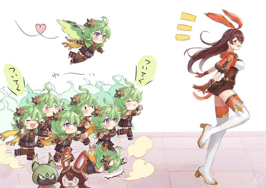 6+girls ^_^ ^o^ ahoge amber_(genshin_impact) baron_bunny_(genshin_impact) boots bow_hairband breasts brown_hair chibi clone closed_eyes collei_(genshin_impact) cuilein-anbar_(genshin_impact) flying full_body genshin_impact green_hair hairband heart long_hair looking_at_another looking_back medium_breasts medium_hair mirin_soy_sauce multiple_girls open_mouth running short_sleeves shorts signature simple_background standing standing_on_one_leg thigh_boots translation_request v-shaped_eyebrows white_background wings