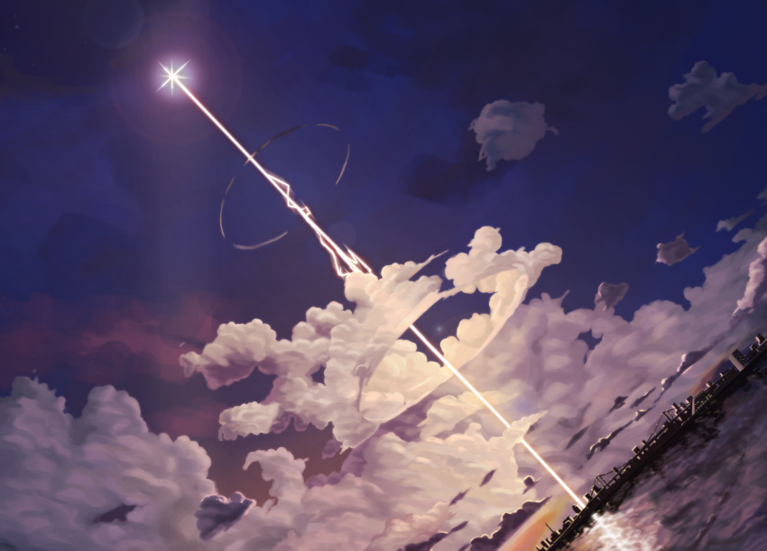 academy_city blue_sky bridge building city cityscape cloud cloudy_sky colorized commentary energy firing gazing_eye glowing haimura_kiyotaka highres no_humans novel_illustration official_art outdoors science_fiction sky sonic_boom spoilers suspension_bridge third-party_edit toaru_majutsu_no_index toaru_majutsu_no_index:_new_testament water