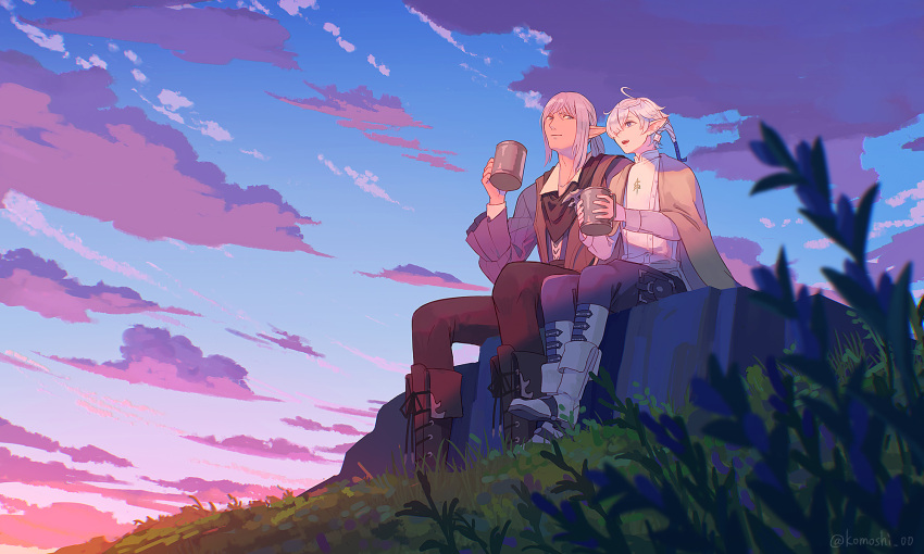 2boys ahoge alphinaud_leveilleur black_footwear black_pants blue_eyes blue_jacket blue_pants blue_sky blurry boots cloud collared_shirt commentary cup depth_of_field earrings elezen elf estinien_varlineau final_fantasy final_fantasy_xiv from_side grass grey_hair hair_over_one_eye hair_ribbon highres holding holding_cup jacket jewelry knee_boots komoshita long_sleeves looking_afar looking_at_another male_focus medium_hair morning mug multiple_boys one_eye_covered open_mouth outdoors pants plant pointy_ears ponytail ribbon scenery shirt signature sitting sky smile twitter_username white_footwear white_hair white_shirt wide_shot