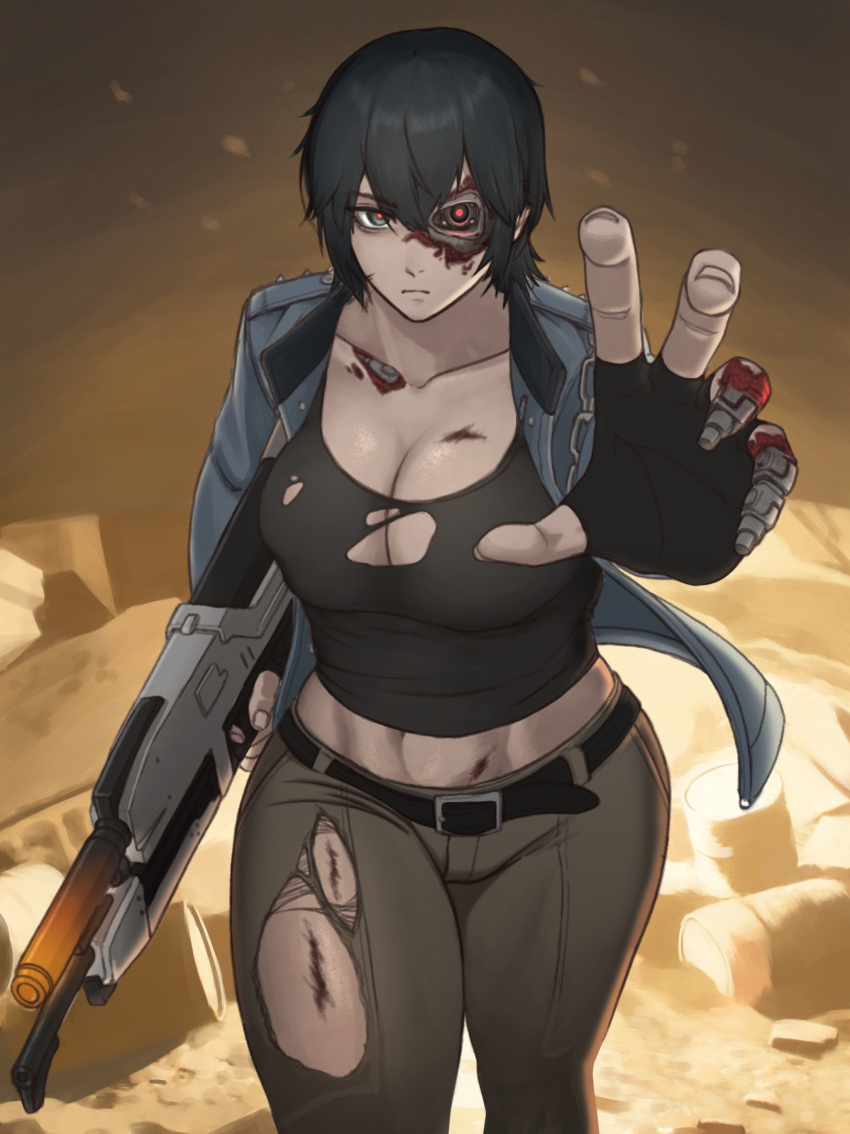 1girl absurdres android artificial_eye belt black_belt black_gloves black_hair blue_jacket breasts damaged energy_gun fingerless_gloves gloves glowing glowing_eyes green_pants gun highres holding holding_gun holding_weapon jacket large_breasts mechanical_eye mechanical_parts muscular muscular_female open_clothes open_jacket outstretched_arm pants red_eyes rob_110101101 short_hair solo terminator_(series) the_terminator torn_clothes torn_pants torn_tank_top walking weapon