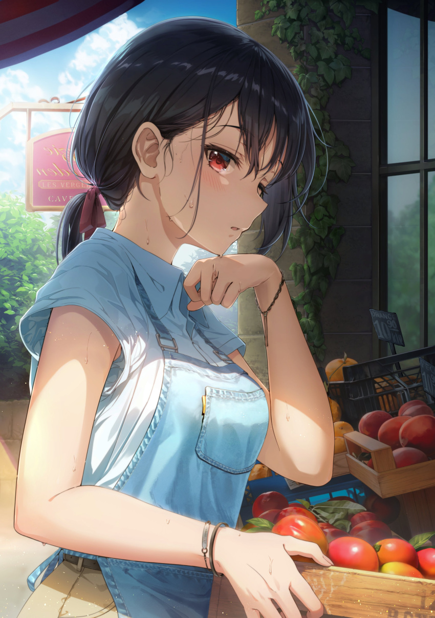 0v0_(l_seohui) 1girl absurdres apple apron black_hair blue_sky blush bracelet brown_pants bush cloud cloudy_sky day denim_apron english_text food fruit hair_ribbon hand_on_own_chin highres holding jewelry light looking_at_viewer original outdoors pants ponytail red_eyes reflection ribbon shade shirt short_sleeves sidelocks sign single_sidelock sky solo standing sunlight sweatdrop white_shirt window