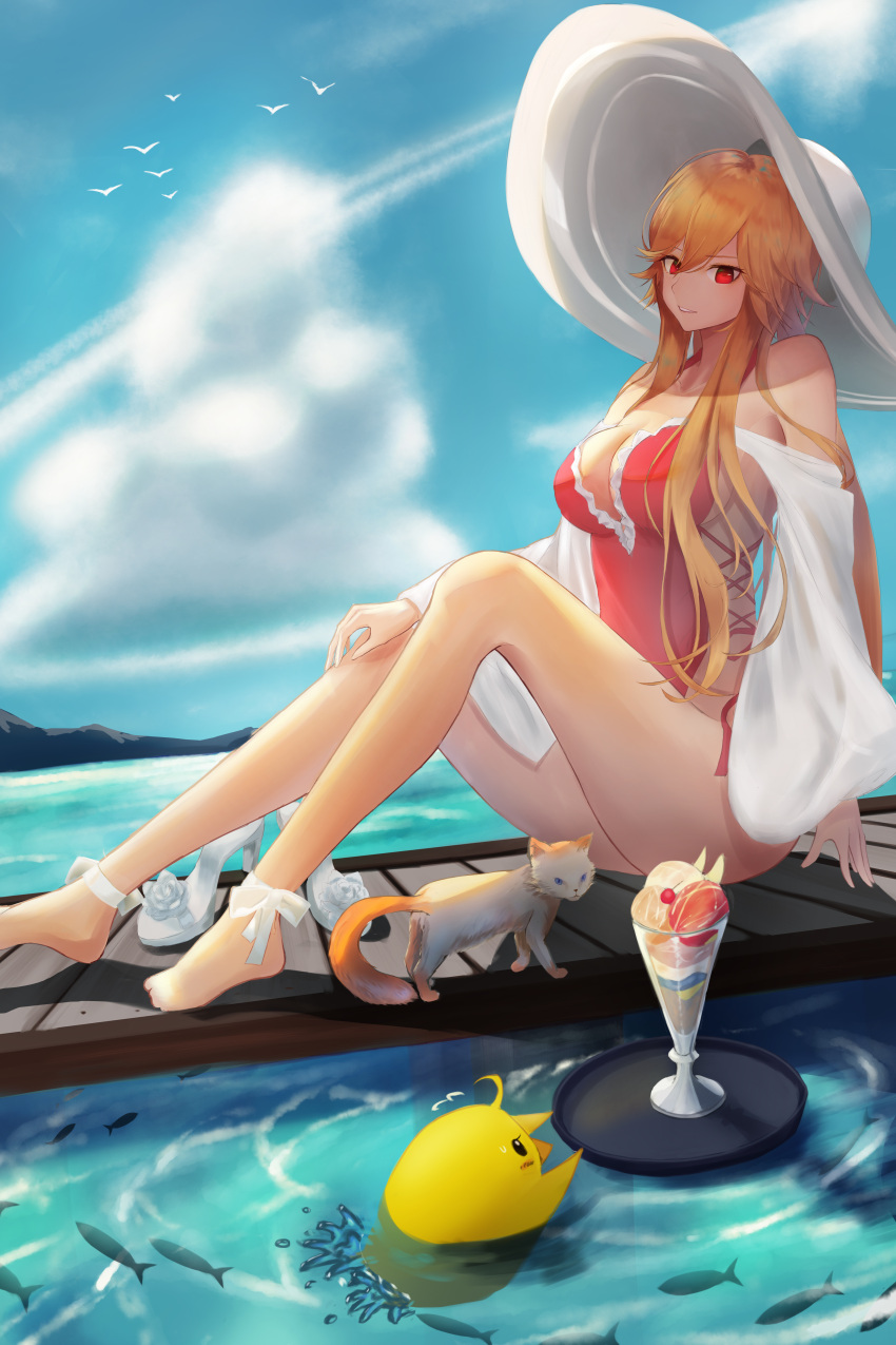 1girl absurdres azur_lane breasts cat cleavage cross-laced_clothes cross-laced_swimsuit day fish frilled_swimsuit frills from_side full_body hat high_heels highleg highleg_swimsuit highres large_breasts manjuu_(azur_lane) one-piece_swimsuit orange_hair outdoors parfait pink_one-piece_swimsuit red_eyes richelieu_(azur_lane) richelieu_(fleuron_of_the_waves)_(azur_lane) shigma shoes shoes_removed side-tie_swimsuit solo summer sun_hat swimsuit water white_footwear white_headwear