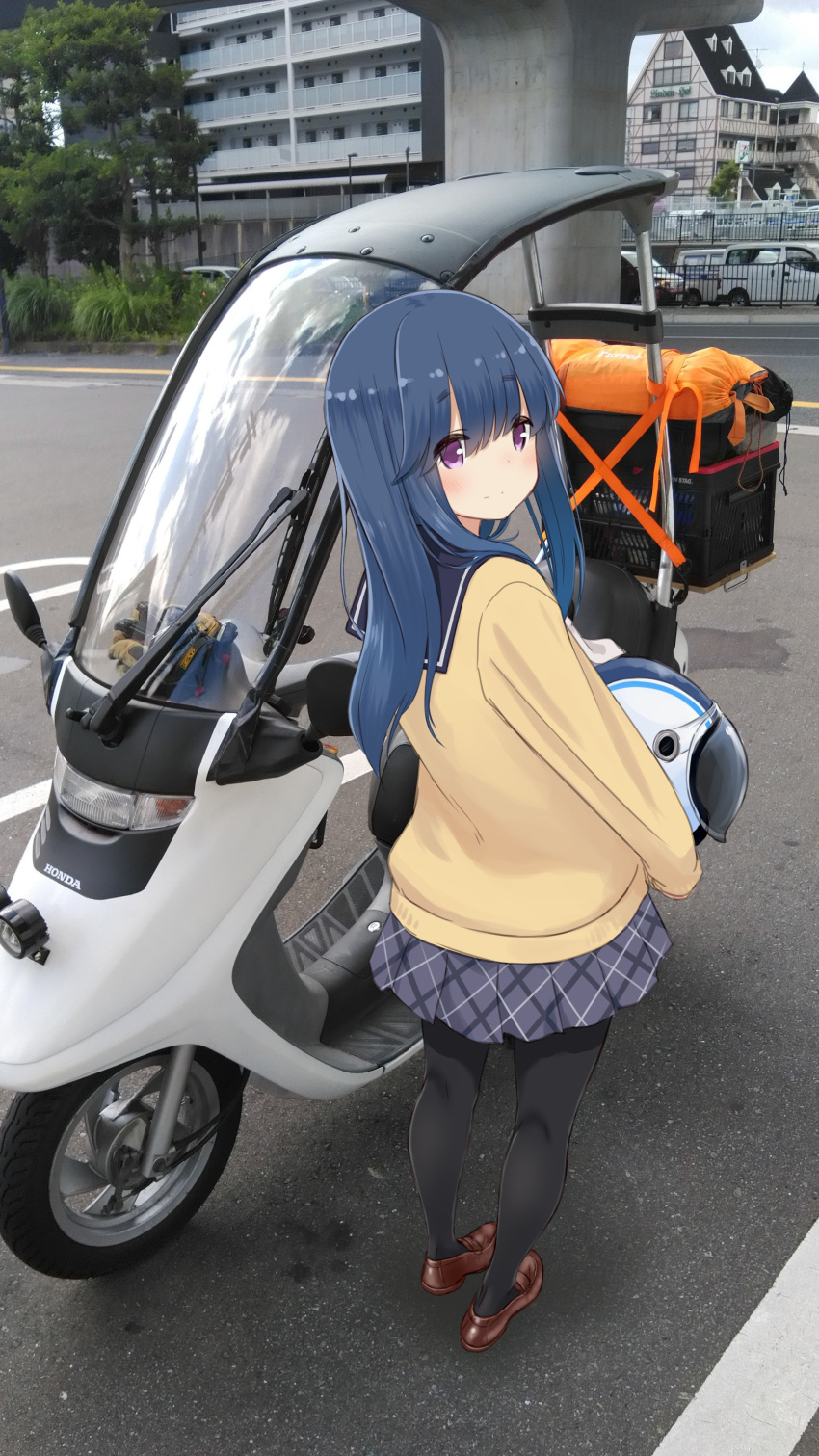 1girl absurdres bangs black_pantyhose blue_hair blush brown_footwear building car cardigan closed_mouth from_behind grey_skirt ground_vehicle hair_down helmet highres holding holding_helmet loafers long_hair looking_to_the_side motor_vehicle outdoors pantyhose photo_background plaid plaid_skirt purple_eyes retsumaru school_uniform scooter serafuku shima_rin shoes skirt smile solo tree yellow_cardigan yurucamp