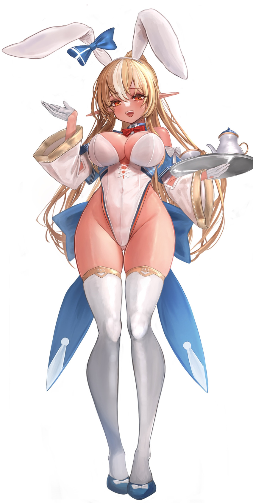 1girl :d absurdres animal_ears blonde_hair bow bowtie breasts cleavage collar curvy dark-skinned_female dark_skin elf elfriend_(shiranui_flare) gloves highleg highleg_leotard highres hololive kinalilet large_breasts leotard looking_at_viewer multicolored_hair open_mouth playboy_bunny pointy_ears rabbit_ears red_eyes ribbon shiranui_flare smile solo streaked_hair tan thick_thighs thigh_gap thighs tray white_gloves white_leotard wide_sleeves