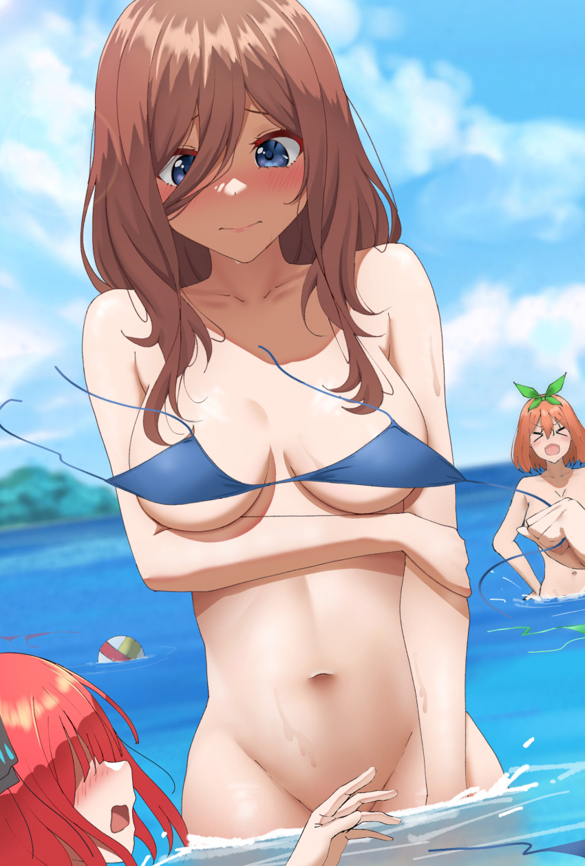 &gt;o&lt; 1other 3girls absurdres assisted_exposure ball beachball bikini bikini_removed blue_bikini blue_eyes blue_sky blush bottomless breasts brown_hair closed_mouth cloud convenient_censoring day go-toubun_no_hanayome green_bikini groin highres holding_own_arm large_breasts long_hair looking_down multiple_girls nakano_miku nakano_nino nakano_yotsuba navel nude outdoors partially_submerged poa_mellhen raised_eyebrows siblings sisters sky stomach swimsuit undressing_another wading wardrobe_malfunction water wavy_hair wet