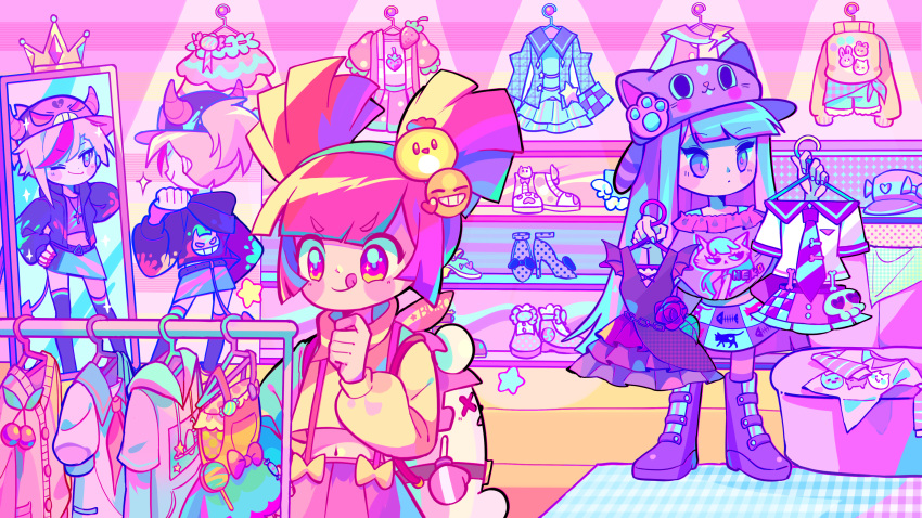 3girls :q ;) absurdres animal_hat animal_print b611-planet bangs black_headwear black_jacket black_thighhighs blonde_hair blue_hair blue_hairband blue_skirt blunt_bangs blush boots burou_(muse_dash) cat_hat cat_print chinese_commentary closed_mouth clothes_shop commentary_request demon_tail dress fake_horns fake_tail hairband hat high_heels highres holding holding_clothes hood hood_down horns indoors jacket long_hair long_sleeves looking_at_object marija_(muse_dash) mirror multicolored_hair multiple_girls muse_dash official_art ola_(muse_dash) one_eye_closed open_clothes open_jacket pink_eyes pink_hair pink_skirt ponytail purple_dress purple_eyes purple_footwear purple_headwear purple_shirt purple_skirt red_hair rin_(muse_dash) shelf shirt short_twintails skirt smile smiley_face sparkle streaked_hair tail thighhighs tongue tongue_out turtleneck twintails two-tone_hair v-shaped_eyebrows very_long_hair white_shirt yellow_shirt