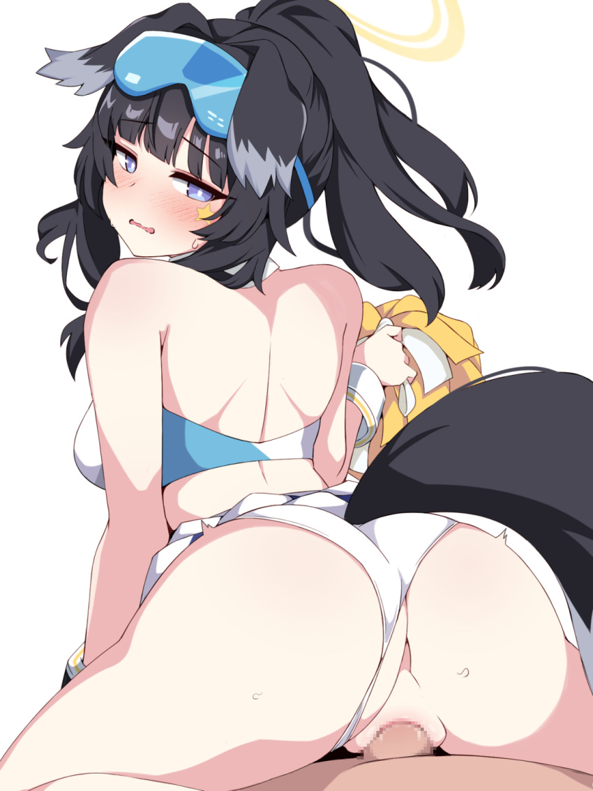 1boy 1girl animal_ears ass back black_hair blue_archive blush breasts censored clothed_sex clothing_aside cowgirl_position crop_top dog_ears dog_girl dog_tail eyewear_on_head from_behind girl_on_top halo hetero hibiki_(blue_archive) hibiki_(cheerleader)_(blue_archive) highres kumasteam long_hair looking_at_viewer looking_back midriff mosaic_censoring panties panties_aside penis pussy sex skirt solo_focus spread_legs straddling tail underwear vaginal