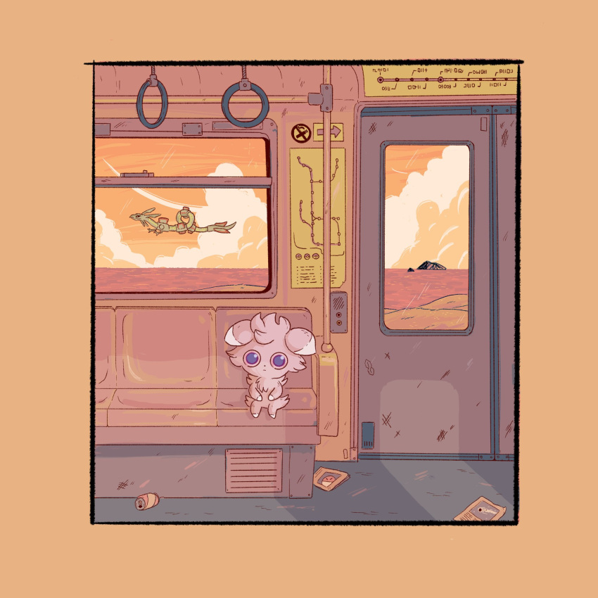 abandoned animal_ears big_eyes can cat cat_ears cat_tail chair closed_mouth cloud cloudy_sky door dragon espurr flying furry ground_vehicle highres ocean pokemon_(creature) rayquaza rock scales sitting sky sunset tail thetimecowboy train