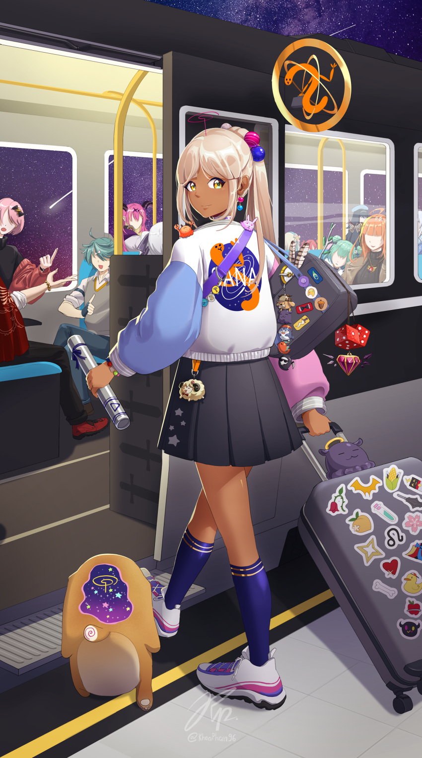 1boy 6+girls absurdres artia artist_name bag bangs black_hair black_skirt bloop_(gawr_gura) blue_hairband blue_socks bubba_(watson_amelia) civia clock commentary covered_eyes dark-skinned_female dark_skin death-sensei_(mori_calliope) dice doris_(hololive) earrings emoji english_commentary feathers from_behind from_side full_body green_hair ground_vehicle hairband highres hololive hololive_china hololive_english holostars jewelry kagami_kira kaniko_(tsukumo_sana) khoaphan96 kiryu_coco kotori_(takanashi_kiara) leaning_on_person light_brown_hair limiter_(tsukumo_sana) long_hair long_sleeves looking_at_viewer mano_aloe multiple_girls no_eyes off_shoulder over_shoulder pearl_earrings pink_hair planet_hair_ornament pleated_skirt red_hair red_sweater rolling_suitcase rosalyn_(hololive) sanallite_(tsukumo_sana) shoes shoulder_bag signature skirt smile sneakers socks spade_echo sweater swept_bangs takodachi_(ninomae_ina'nis) train train_station train_station_platform tsukishita_kaoru tsukumo_sana turtleneck turtleneck_sweater twintails twitter_username uruha_rushia usaslug_(tsukumo_sana) very_long_hair virtual_youtuber walking watch white_footwear wide_sleeves wristlet wristwatch yakushiji_suzaku yatagarasu_(tsukumo_sana) yellow_eyes yogiri_(hololive)