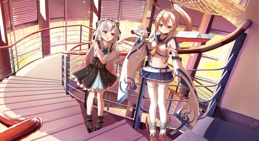 2girls ayanami_(azur_lane) azur_lane bangs bare_shoulders black_dress blonde_hair blue_skirt blush commentary_request crop_top detached_sleeves dress hair_ornament hairdressing hand_on_railing highres holding holding_sword holding_weapon hololive horns indoors long_hair looking_at_another looking_at_viewer midriff multicolored_hair multiple_girls nakiri_ayame natsuki_(digretking) navel oni_horns open_mouth pleated_skirt ponytail railing red_eyes red_hair shirt sidelocks skirt smile sparkle stairs streaked_hair sword thighhighs weapon white_dress white_hair white_shirt white_thighhighs zettai_ryouiki