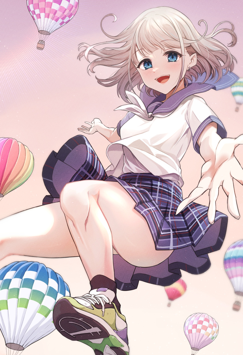 1girl absurdres aircraft ass bare_legs black_socks blush earrings floating_hair foreshortening grey_hair highres hot_air_balloon idolmaster idolmaster_shiny_colors jewelry looking_at_viewer neckerchief plaid plaid_skirt pleated_skirt reaching_out school_uniform serafuku serizawa_asahi shirousagi_una shoes skirt smile sneakers socks solo white_neckerchief