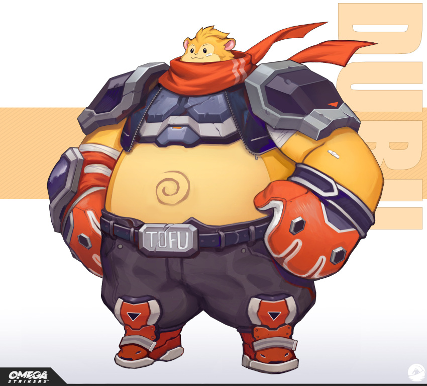 1boy armor bandages bandaid bandaid_on_arm bandaid_on_face belt belt_buckle big_belly buckle dubu_(omega_strikers) full_body furry furry_male gloves hamster hamster_boy highres liyart omega_strikers scarf shoulder_armor solo