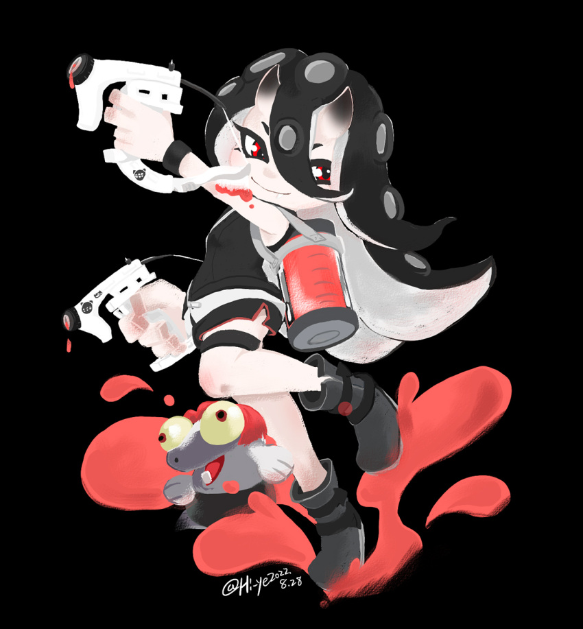 1girl abyssal_ship battleship_princess black_background black_footwear boots full_body hi_ye highres kantai_collection pale_skin sleeveless smile splatoon_(series) splatoon_3 suction_cups tentacle_hair