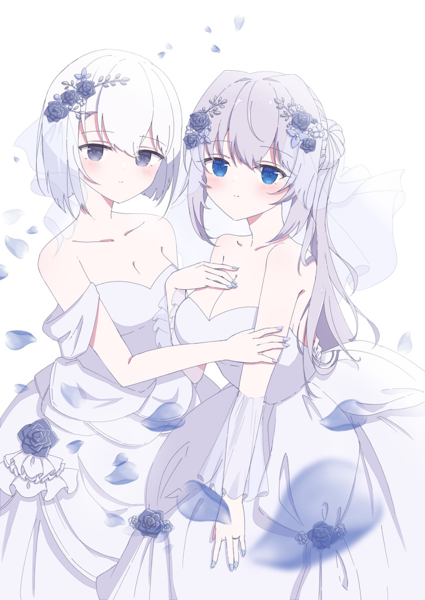 2girls arm_at_side bangs blue_eyes blue_flower blue_nails blue_rose blunt_ends breasts cleavage closed_mouth cowboy_shot dot_nose dress falling_petals flower grey_eyes grey_hair grey_nails hair_bun hair_flower hair_intakes hair_ornament hand_on_another's_arm hand_on_own_chest highres izumi_kanagi light_blush long_hair looking_at_viewer macoko5 magia_record:_mahou_shoujo_madoka_magica_gaiden mahou_shoujo_madoka_magica multiple_girls off-shoulder_dress off_shoulder petals ponytail rose short_hair short_sleeves sidelocks simple_background strapless strapless_dress veil wedding wedding_dress white_background white_dress white_hair wife_and_wife yakumo_mitama yuri