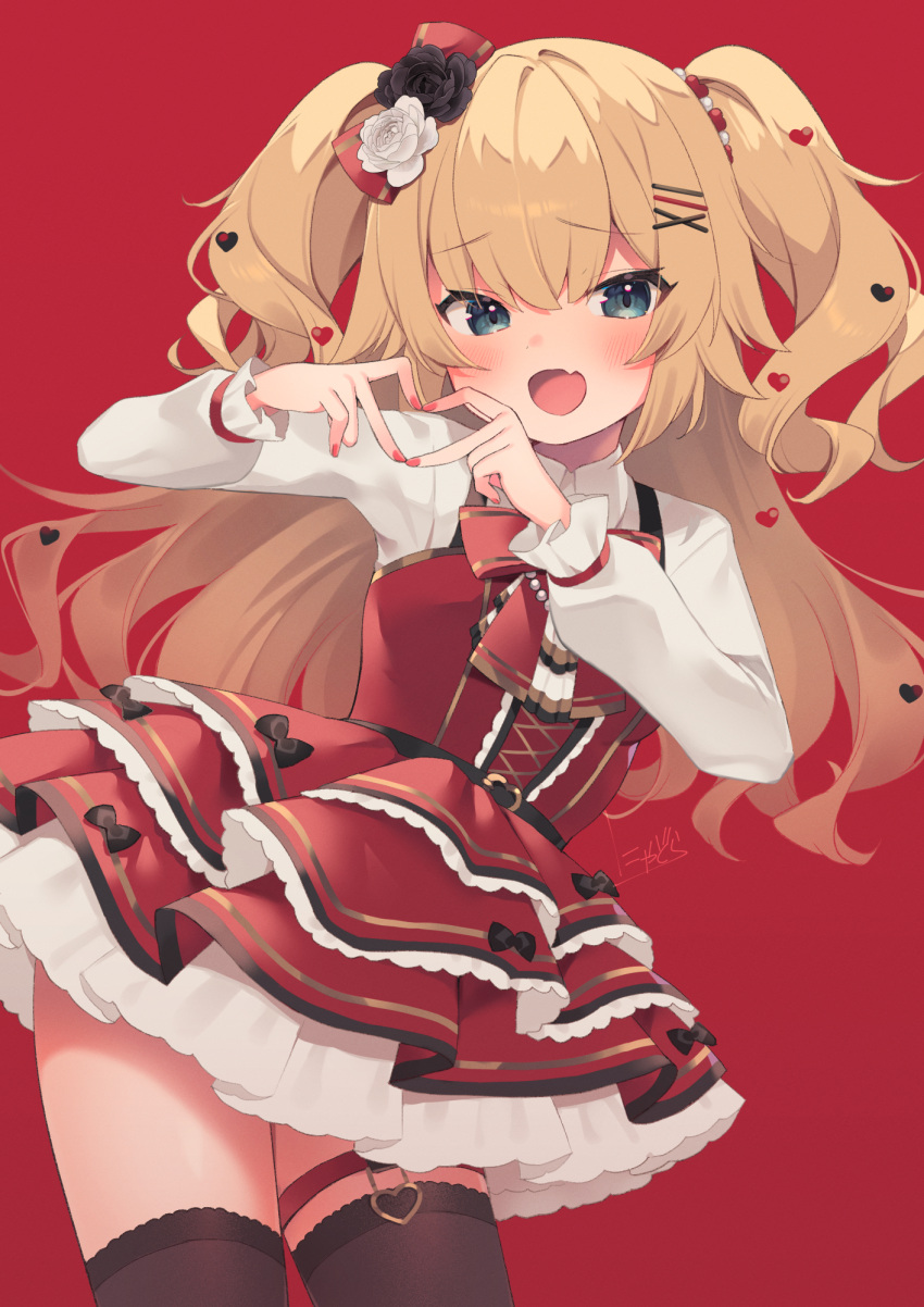 1girl :d akai_haato black_thighhighs blonde_hair blush dress hair_ornament heart heart_hair_ornament heart_hands highres hololive layered_dress long_hair nyasunyadoora pinafore_dress red_background red_dress shirt simple_background smile solo thigh_strap thighhighs two_side_up very_long_hair virtual_youtuber white_shirt