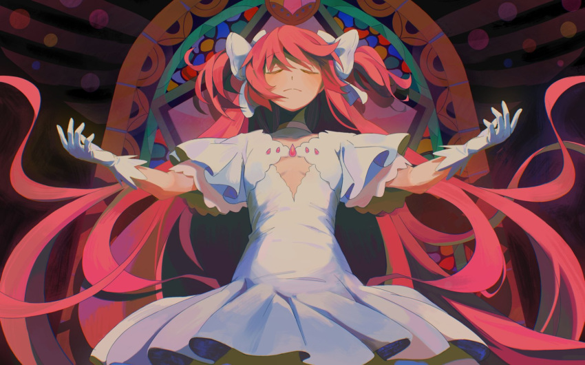 1girl bow cleavage_cutout closed_eyes closed_mouth clothing_cutout dress flat_chest gloves highres kaname_madoka lisa_(mochii_lisa) long_hair mahou_shoujo_madoka_magica outstretched_arms pink_hair two_side_up very_long_hair white_bow white_dress white_gloves