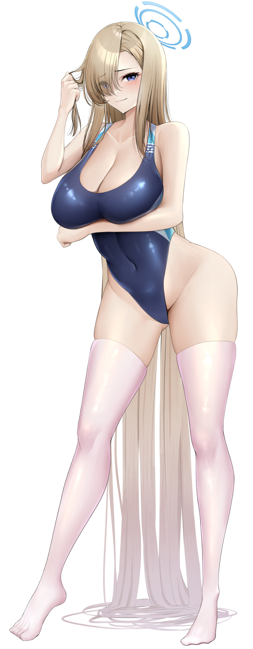 1girl absurdly_long_hair absurdres arm_under_breasts arm_up ass_visible_through_thighs asuna_(blue_archive) blonde_hair blue_archive blue_eyes blue_one-piece_swimsuit breasts cleavage closed_mouth competition_swimsuit contrapposto covered_navel eyes_visible_through_hair groin hair_over_one_eye halo highleg highleg_swimsuit highres laimer large_breasts long_hair no_shoes one-piece_swimsuit raised_eyebrows simple_background skindentation solo straight_hair swimsuit thighhighs thighs very_long_hair white_background white_thighhighs wide_hips