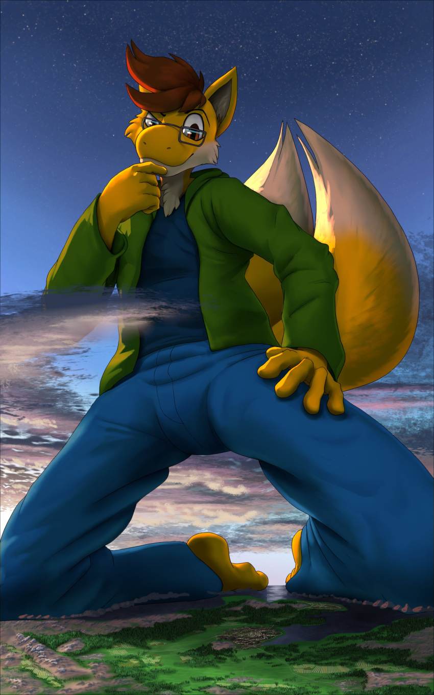 2022 5_fingers absurd_res anthro atmosphere blockman3_(artist) blue_bottomwear blue_clothing blue_pants blue_shirt blue_topwear bottomwear building canid canine city clothing extreme_size_difference eyewear fingers fox glasses green_clothing green_hoodie green_topwear hand_on_chin hi_res hoodie hybrid landscape_dwarfing larger_male macro male mammal mario_bros multi_tail nintendo pants planet plantigrade sea shirt size_difference skyscraper space thinking topwear video_games water yoshi yoshils_(character)