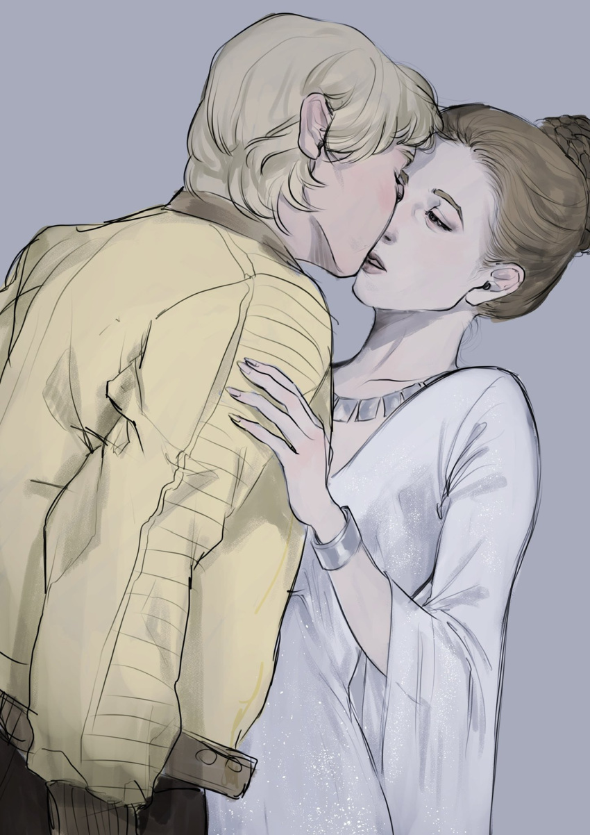 1boy 1girl 2sunoftatooine blonde_hair blush brother_and_sister brown_hair grey_background hetero highres imminent_kiss incest jacket lips luke_skywalker princess_leia_organa_solo siblings simple_background star_wars star_wars:_a_new_hope yellow_jacket