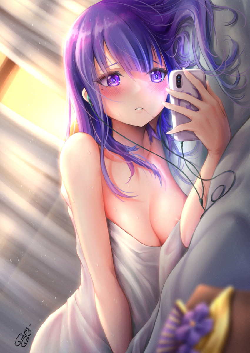 1girl alternate_costume areola_slip bare_arms blurry blurry_foreground blush breasts cleavage curtains dutch_angle genshin_impact highres holding holding_phone implied_masturbation indoors long_hair looking_at_phone looking_at_viewer lying mitsudomoe_(shape) mole mole_under_eye on_side out-of-frame_censoring parted_lips phone purple_eyes purple_hair raiden_shogun raised_eyebrows royboy signature solo sweat tomoe_(symbol) window