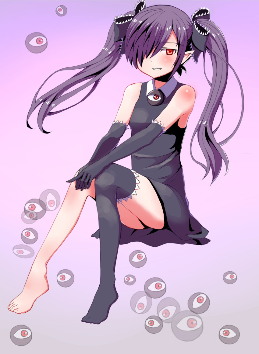 1girl backbeard barefoot beako black_dress black_gloves black_hair black_ribbon black_thighhighs blush commentary_request dress elbow_gloves feet gegege_no_kitarou gloves hair_over_one_eye hair_ribbon highres long_hair looking_at_viewer original pointy_ears purple_background red_eyes ribbon simple_background single_thighhigh sitting sleeveless sleeveless_dress smile solo tattuwttakabc thighhighs toes twintails