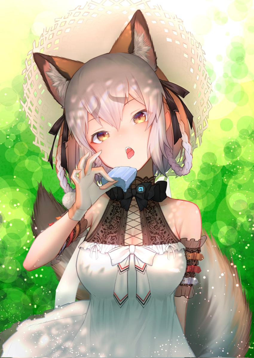 1girl akuma_(st.takuma) animal_costume animal_ear_fluff animal_ears arm_belt dress extra_ears food fox_ears fox_girl fox_tail gloves grey_hair hat highres ice_cream island_fox_(kemono_friends) kemono_friends kemono_friends_v_project long_hair looking_at_viewer microphone multicolored_hair open_mouth orange_hair ribbon solo summer sundress tail virtual_youtuber yellow_eyes