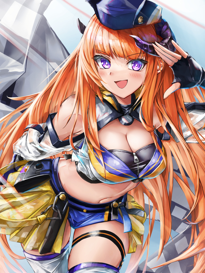1girl :d arknights bagpipe_(arknights) bagpipe_(queen_no._1)_(arknights) bangs bare_shoulders bent_over black_gloves blue_headwear blue_shorts blunt_bangs breasts bright_pupils checkered_flag cleavage crop_top dragon_horns fingerless_gloves flag gloves hat highres horns large_breasts long_hair long_sleeves looking_at_viewer navel official_alternate_costume on_(yattemasu) open_mouth orange_hair purple_eyes race_queen short_shorts shorts showgirl_skirt skirt smile solo thigh_strap thighhighs very_long_hair white_thighhighs yellow_skirt