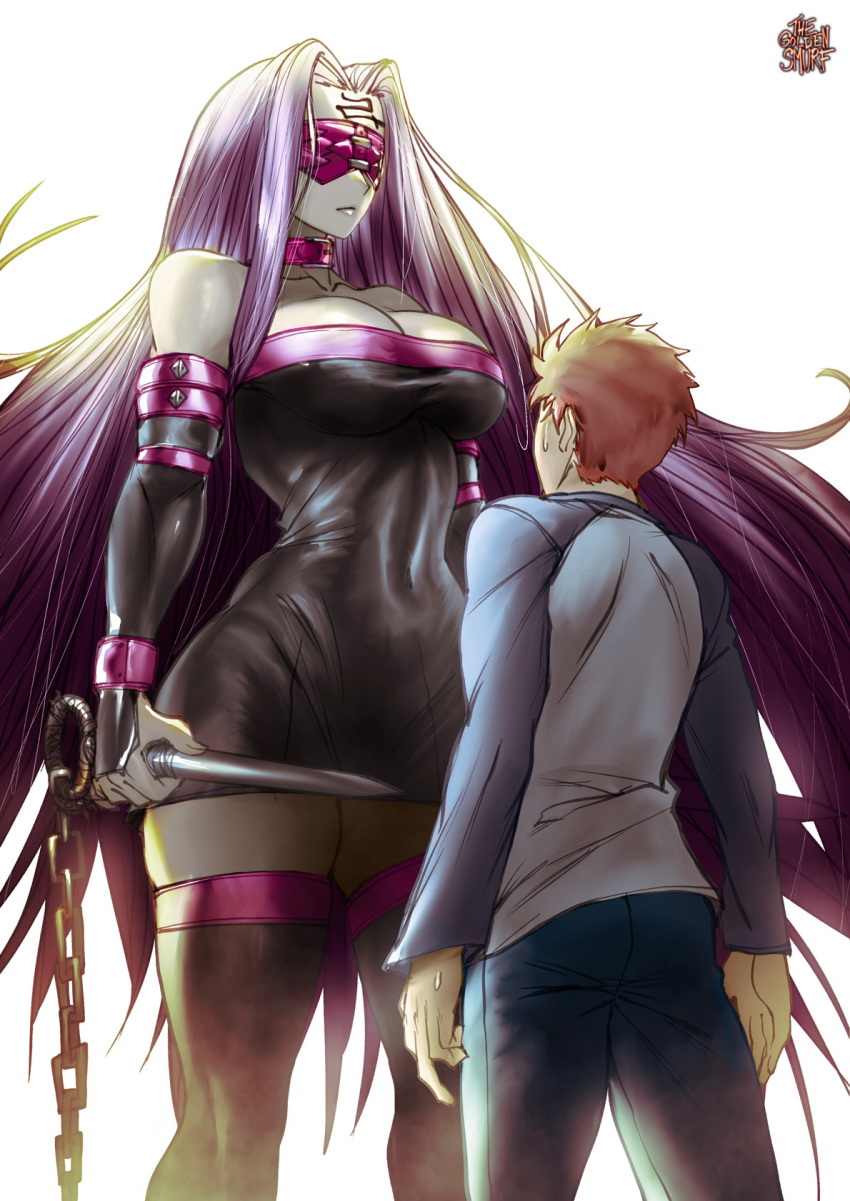 1boy 1girl black_dress blindfold boots breasts brown_hair collar denim detached_sleeves dress emiya_shirou facial_mark fate/stay_night fate_(series) forehead_mark height_difference highres jeans large_breasts long_hair long_sleeves medusa_(fate) medusa_(rider)_(fate) muscular muscular_female nameless_dagger_(fate) pants purple_collar purple_hair short_dress short_hair simple_background strapless strapless_dress the_golden_smurf thigh_boots thighhighs thighs very_long_hair zettai_ryouiki